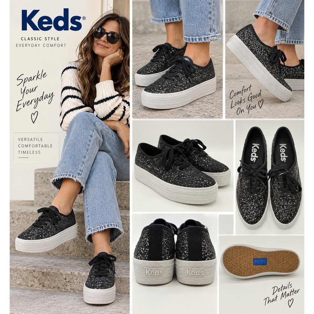Keds Triple Up Point Sneakers Women 7.5 Black Excellent Glitter Platform WF68126